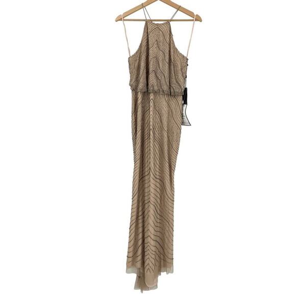 NEW Adrianna Papell Halter Beaded Blouson Goem Maxi Dress Sz 8P Taupe Pink Wavy - Picture 3 of 9